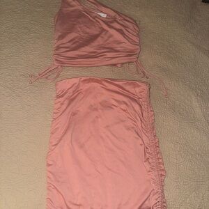 Pink Midi Pencil Skirt with Ruched Detail